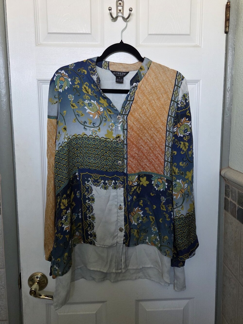 Citron Santa Monica 100% Silk Blue & Mustard Patchwork Button-Front Blouse Large